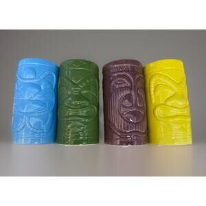 TMD Holdings Kitschy Ceramic Tiki Ceramic Set 4 12oz Blue Green Purple Yellow